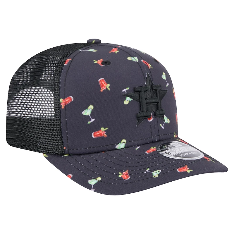 Casquette extensible à bouton-pression New Era noire Houston Astros Adventure Drinks Pattern 9SEVENTY pour homme