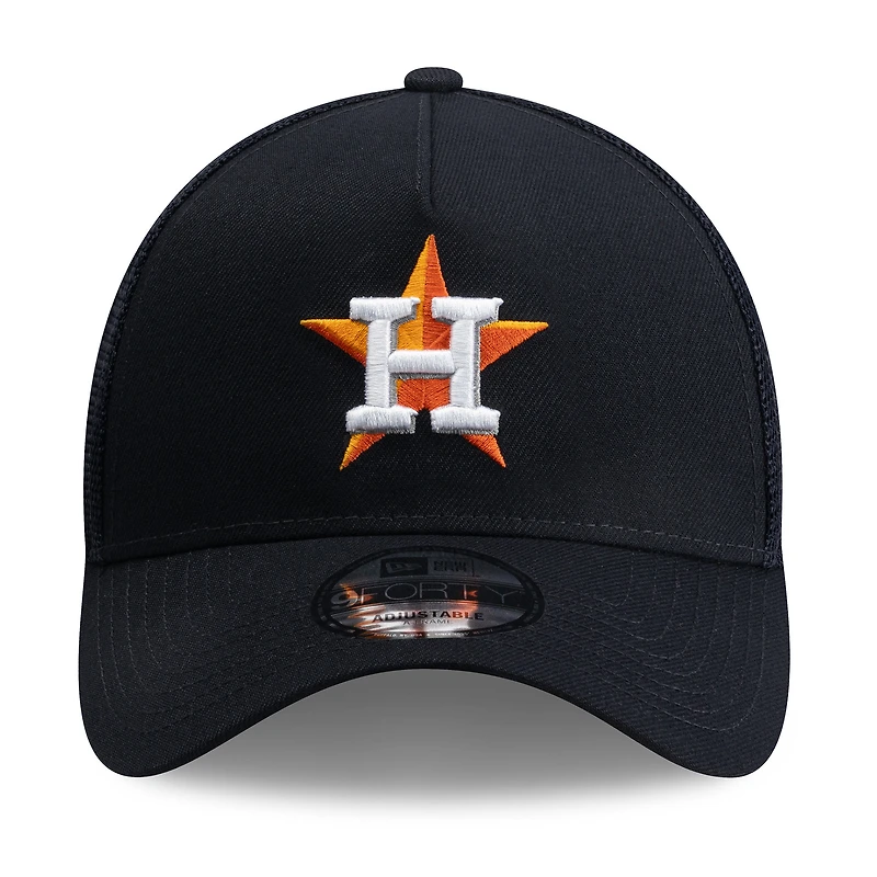Men's New Era Navy Houston Astros Side Script 9FORTY A-Frame Trucker Adjustable Hat