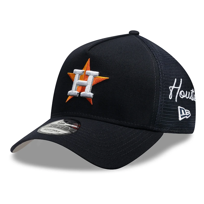 Men's New Era Navy Houston Astros Side Script 9FORTY A-Frame Trucker Adjustable Hat
