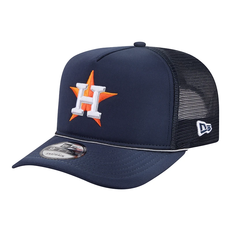 Casquette trucker snapback New Era 9FIFTY pour homme, bleu marine, Houston Astros, modèle Worn A-Frame.
