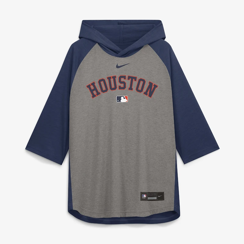 T-shirt à capuche Nike pour homme, gris, Houston Astros Authentic Collection Flux Dri-FIT Raglan, manches 3/4