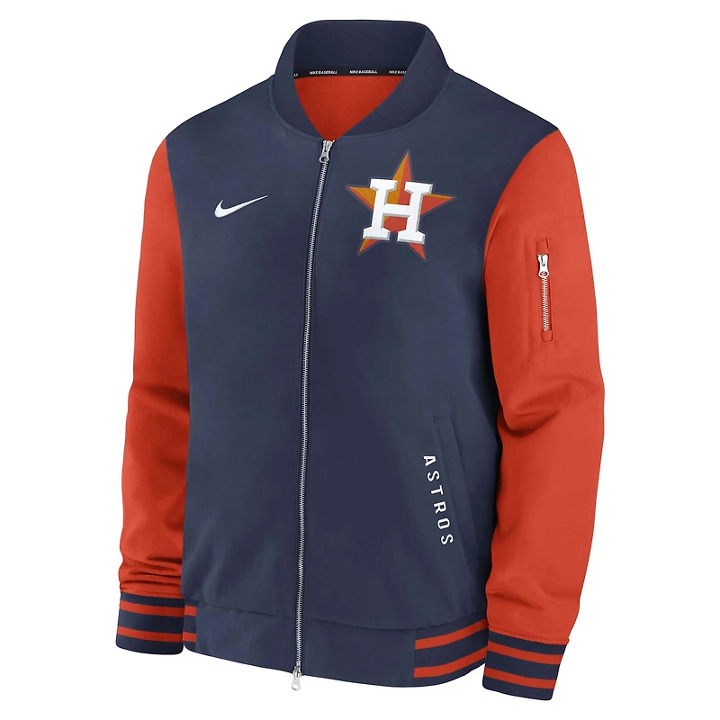 Veste aviateur Nike bleu marine/orange Houston Astros Authentic Collection Dugout pour homme, coupe décontractée, entièrement zippée