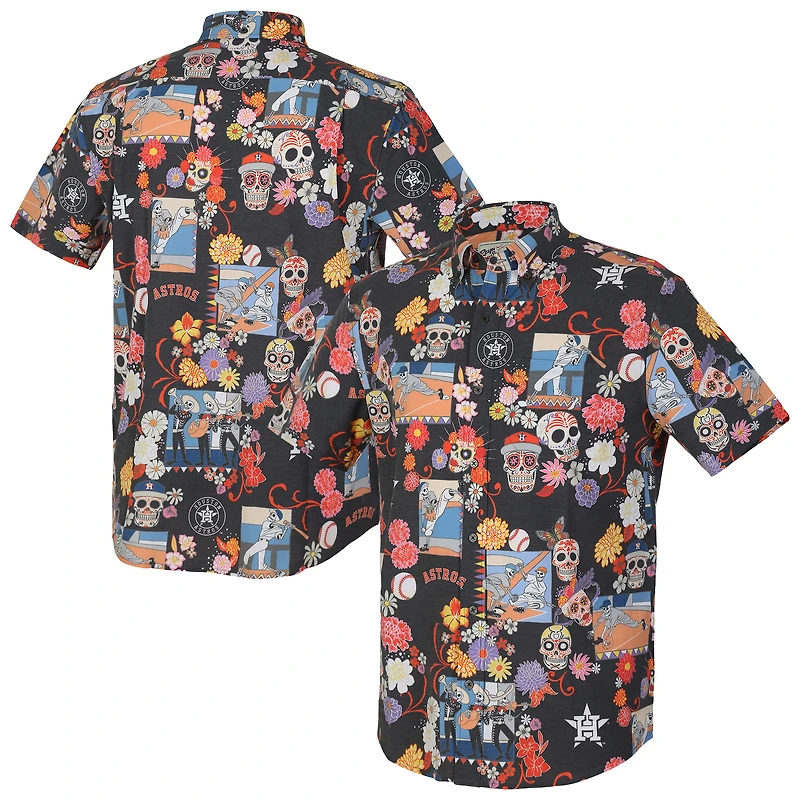 Chemise Aloha à boutons complets Performance Reyn Spooner pour hommes, noire, Astros De Houston Día Los Muertos