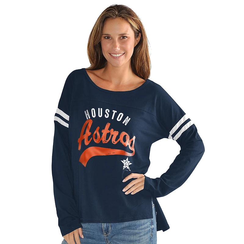 Women's G-III 4Her by Carl Banks  Navy Houston Astros Free Agent Distressed Long Sleeve Scoop Neck T-Shirt