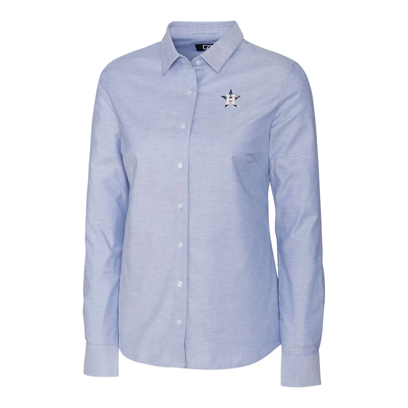 Chemise boutonnée à manches longues en tissu Oxford extensible bleu clair avec logo Americana des Astros de Houston pour femme Cutter & Buck