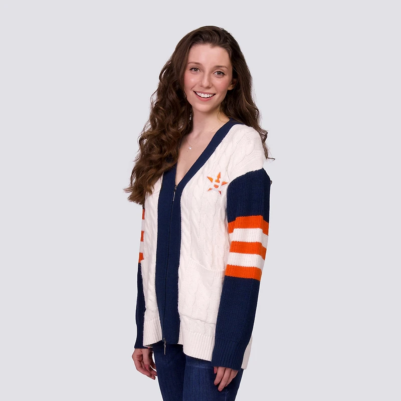 Pull en tricot à col V et fermeture éclair intégrale Shyla pour femme, bleu marine/blanc, des Astros de Houston