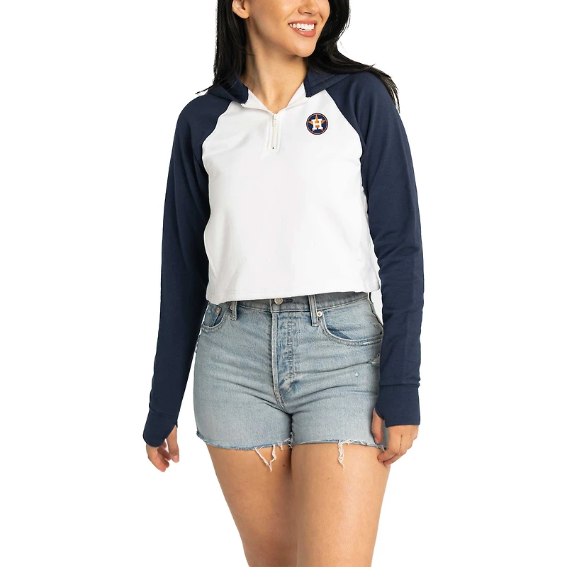 Sweat à capuche court Lusso White Houston Astros Jane Raglan fermeture éclair quart de tour en mélange trois matières
