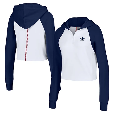 Sweat à capuche court Lusso White Houston Astros Jane Raglan fermeture éclair quart de tour en mélange trois matières