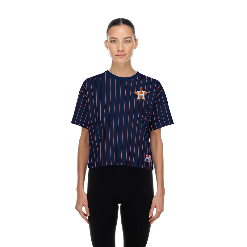 Women's New Era Navy Houston Astros Throwback Meshback Pinstripe Boxy T-Shirt