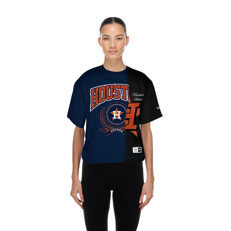 Women's New Era Navy Houston Astros Upcycled Colorblocked Boxy Cropped T-Shirt