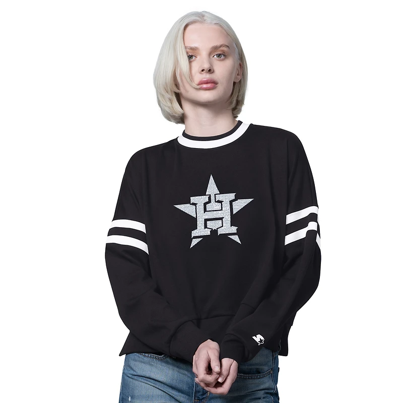 Sweat-shirt ras du cou court à épaules tombantes et col rond pour femme, noir, des Astros de Houston