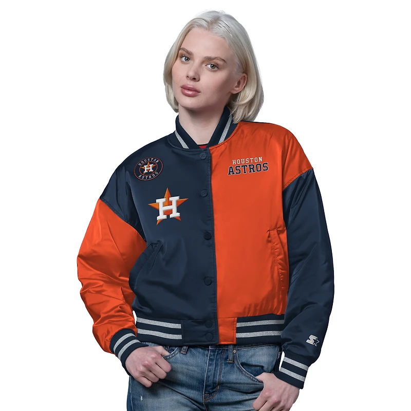 Women's Starter Navy/Orange Houston Astros Offside Cropped Full-Snap Varsity Jacket