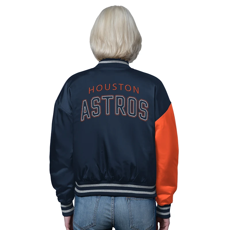 Women's Starter Navy/Orange Houston Astros Offside Cropped Full-Snap Varsity Jacket