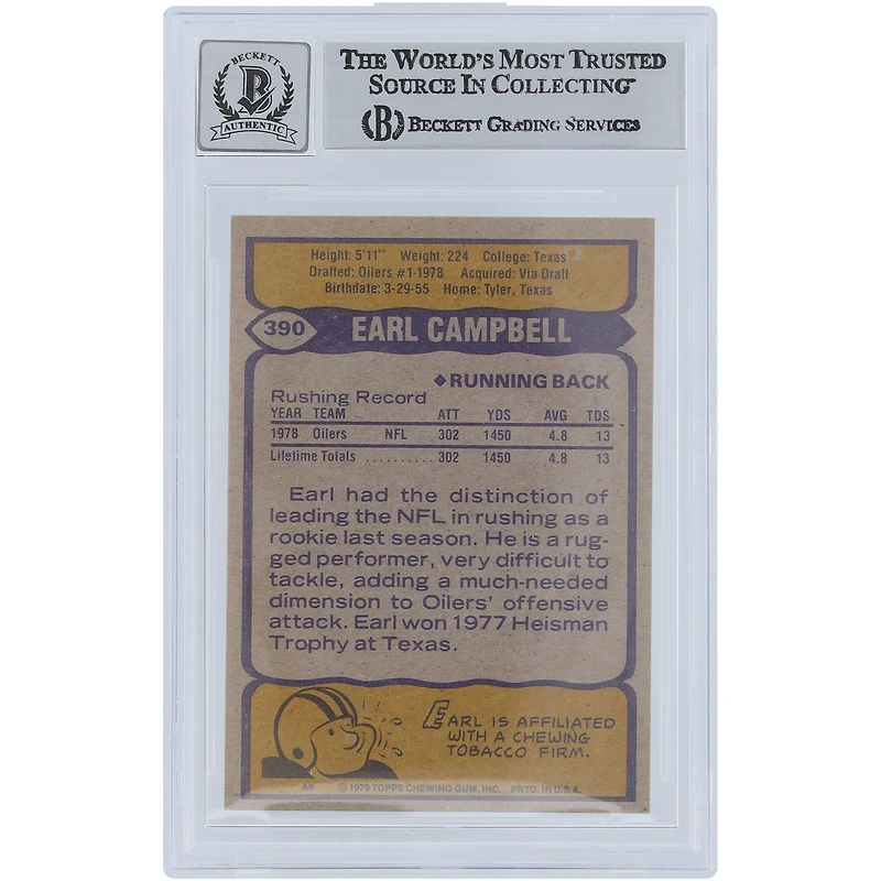 Earl Campbell Houston Oilers Autographed 1979 Topps #390 Beckett Fanatics Witnessed Authenticated 6.5/10 Rookie Card