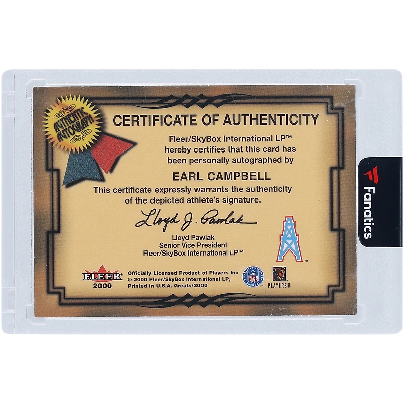 Earl Campbell Houston Oilers Autographed 2000 Fleer Greats Of The Game #EC Card