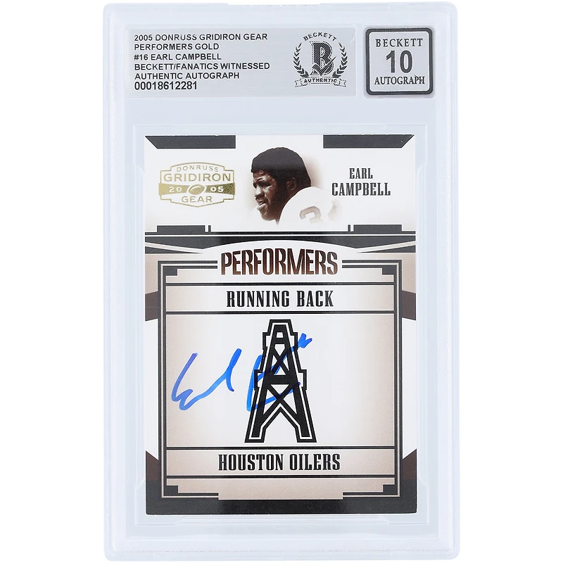 Carte de collection Earl Campbell Houston Oilers 2005 Donruss Gridiron Gear Performers Gold #P-16 #/500, authentifiée par Beckett Fanatics Witnessed (10 cartes authentifiées).