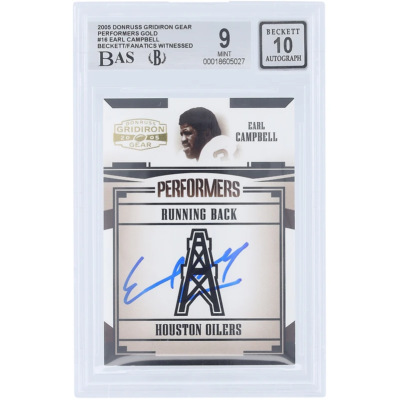 Earl Campbell Houston Oilers Autographed 2005 Donruss Gridiron Gear Performers Gold #P-16 #/500 Beckett Fanatics Witnessed Authenticated 9/10 Card