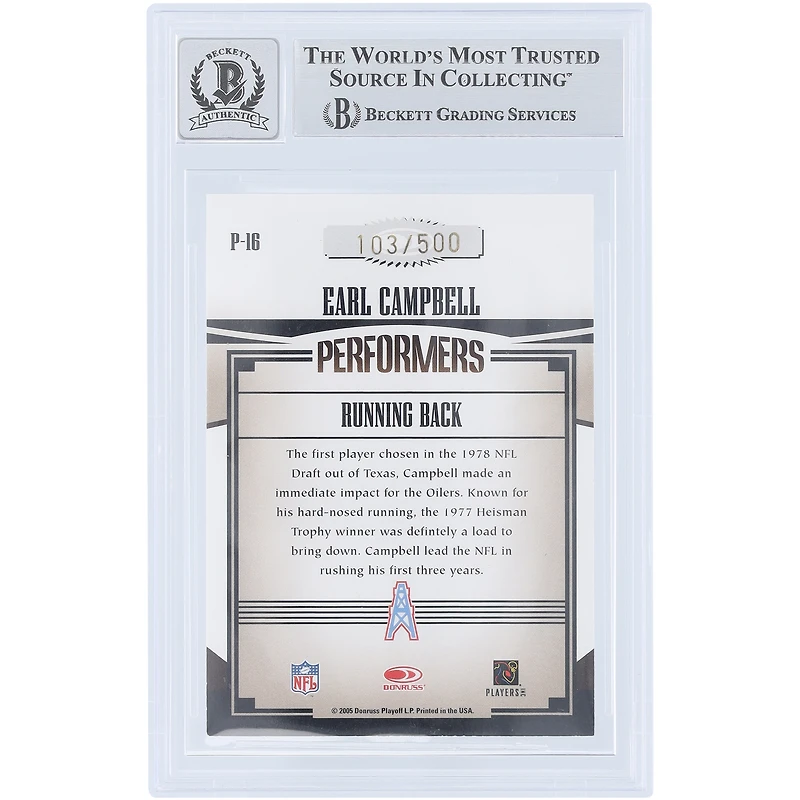 Earl Campbell Houston Oilers Autographed 2005 Donruss Gridiron Gear Performers Gold #P-16 #/500 Beckett Fanatics Witnessed Authenticated /10 Card