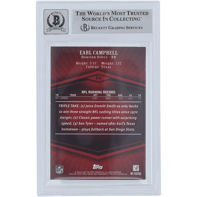 Earl Campbell Houston Oilers Autographed 2007 Topps Triple Threads #84 #/1449 Beckett Fanatics Witnessed Authenticated 10 Card