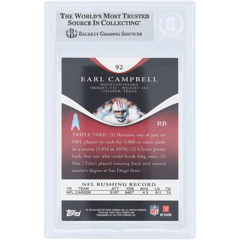 Earl Campbell Houston Oilers Autographed 2009 Topps Triple Threads #92 #/799 Beckett Fanatics Witnessed Authenticated Card