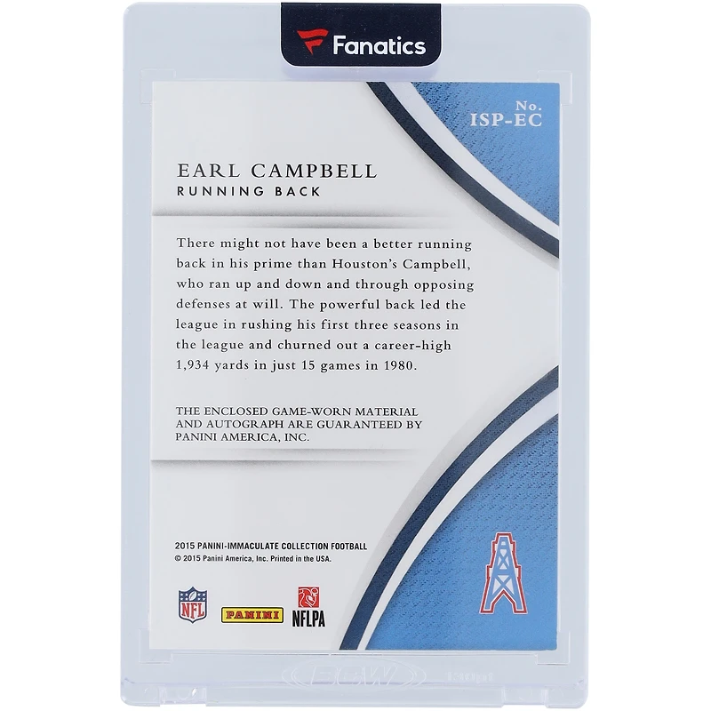 Earl Campbell Houston Oilers Autographed 2015 Panini Immaculate Tri-Color Relic #ISP-EC #20/49 Card