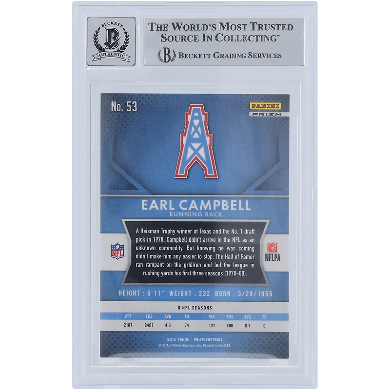 Earl Campbell Houston Oilers Autographed 2015 Panini Prizm Blue Prizm #53 Beckett Fanatics Witnessed Authenticated 10 Card with "HOF 91" Inscription