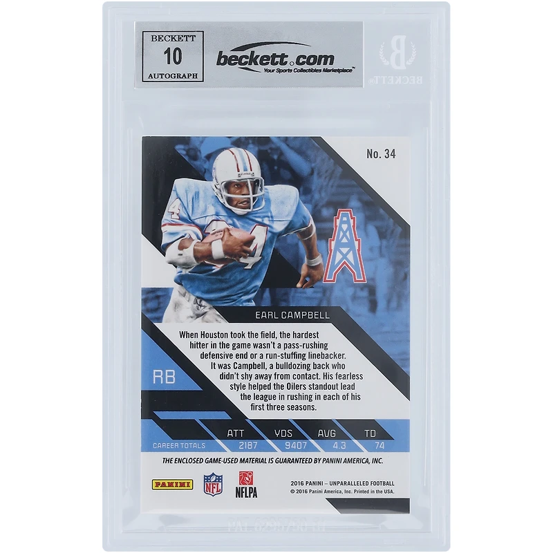 Earl Campbell Houston Oilers Autographed 2016 Panini Unparalleled Jerseys Relic #34 #/99 Beckett Fanatics Witnessed Authenticated 10 Card with "HOF 91" Inscription