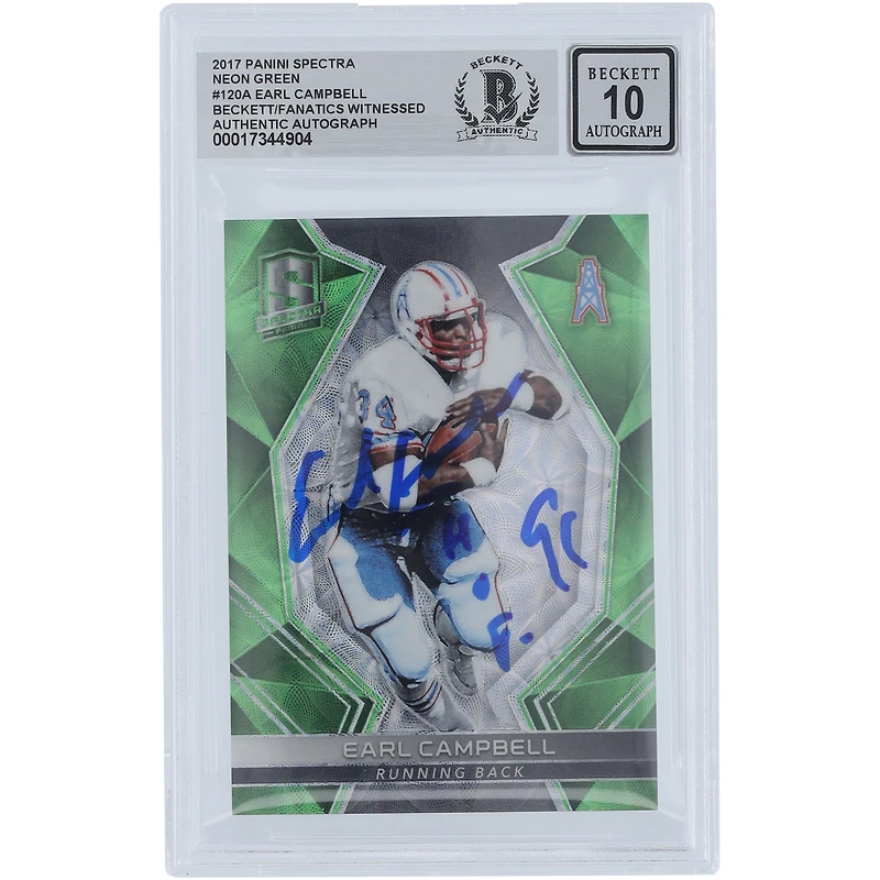 Earl Campbell Houston Oilers Autographed 2017 Panini Spectra Neon Green #120 #/25 Beckett Fanatics Witnessed Authenticated 10 Card with "HOF 91" Inscription