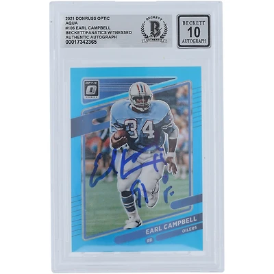 Earl Campbell Houston Oilers Autographed 2021 Panini Donruss Optic Aqua #106 #/299 Beckett Fanatics Witnessed Authenticated 10 Card with "HOF 91" Inscription