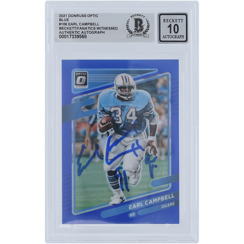 Earl Campbell Houston Oilers Autographed 2021 Panini Donruss Optic Blue #106 #/179 Beckett Fanatics Witnessed Authenticated 10 Card with "HOF 91" Inscription