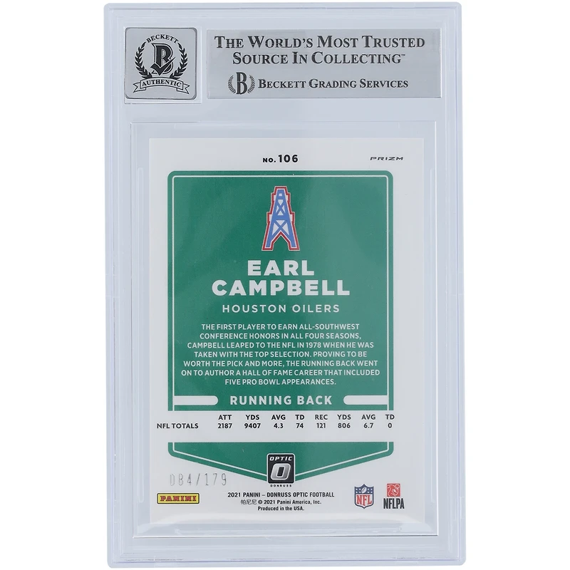 Earl Campbell Houston Oilers Autographed 2021 Panini Donruss Optic Blue #106 #/179 Beckett Fanatics Witnessed Authenticated 10 Card with "HOF 91" Inscription