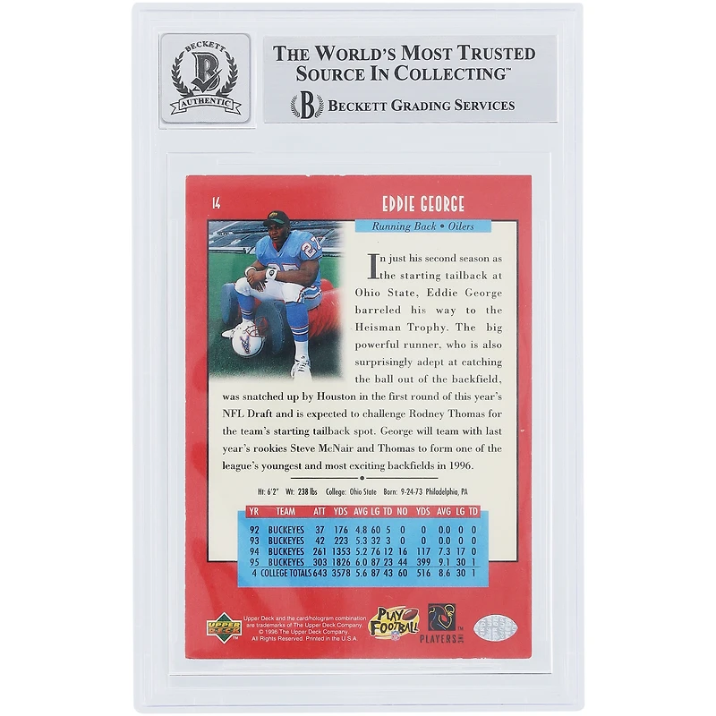 Eddie George Houston Oilers Autographed 1996 Upper Deck Star Rookie #14 Beckett Fanatics Witnessed Authenticated 10 Rookie Card