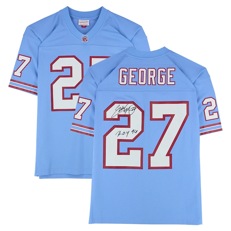 Maillot Mitchell & Ness Legacy bleu clair autographié par Eddie George des Houston Oilers (édition 1997) avec inscription « ROY 96 ».