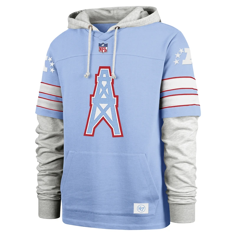 Sweat à capuche bleu clair « 47 » pour homme, Houston Oilers Gridiron Classics, motif double tête rétro Blitz, cornerback