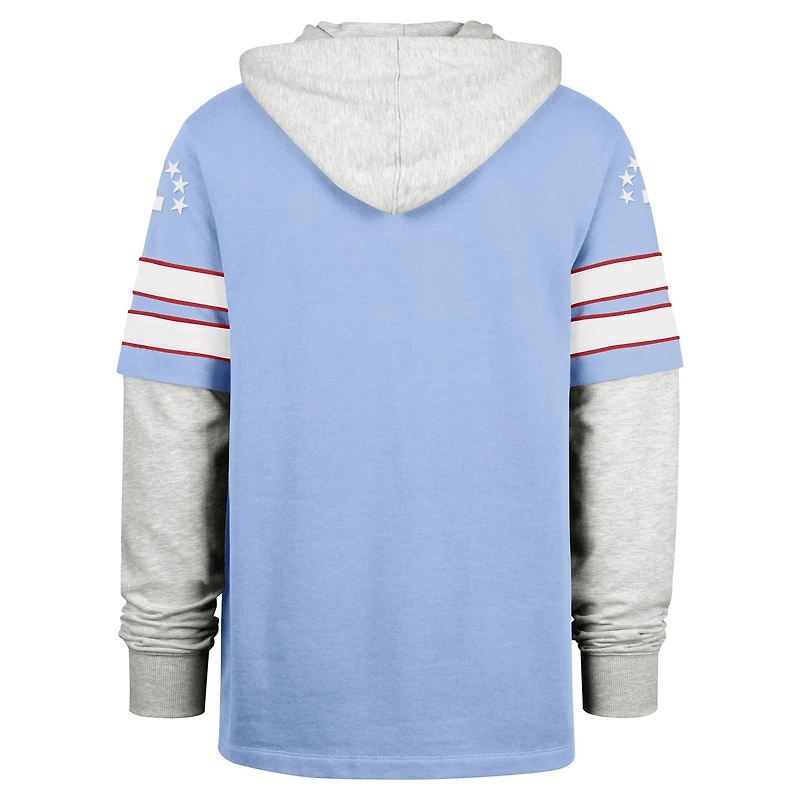 Sweat à capuche bleu clair « 47 » pour homme, Houston Oilers Gridiron Classics, motif double tête rétro Blitz, cornerback