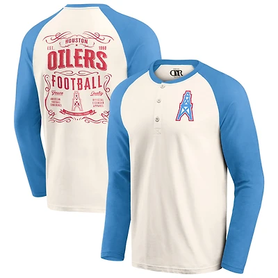 T-shirt à manches longues raglan Henley pour homme de la collection Darius Rucker Fanatics, couleur crème/bleu clair, des Oilers Houston