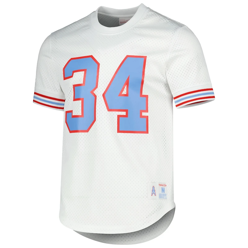 T-shirt en maille Mitchell & Ness pour homme, blanc, à l'effigie d'Earl Campbell, joueur des Houston Oilers, retiré. Nom et numéro du joueur.