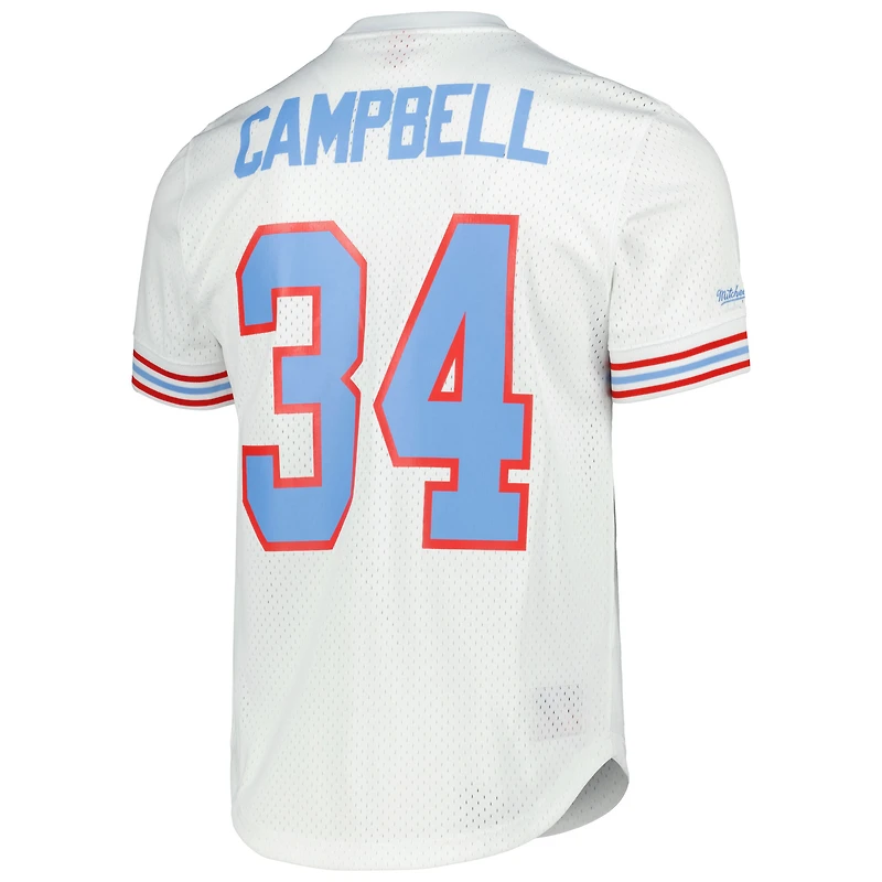 T-shirt en maille Mitchell & Ness pour homme, blanc, à l'effigie d'Earl Campbell, joueur des Houston Oilers, retiré. Nom et numéro du joueur.