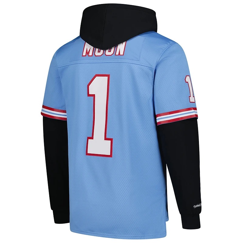 Sweat à capuche bleu clair pour homme Mitchell & Ness Warren Moon des Oilers de Houston avec nom et numéro joueur Legacy Jersey