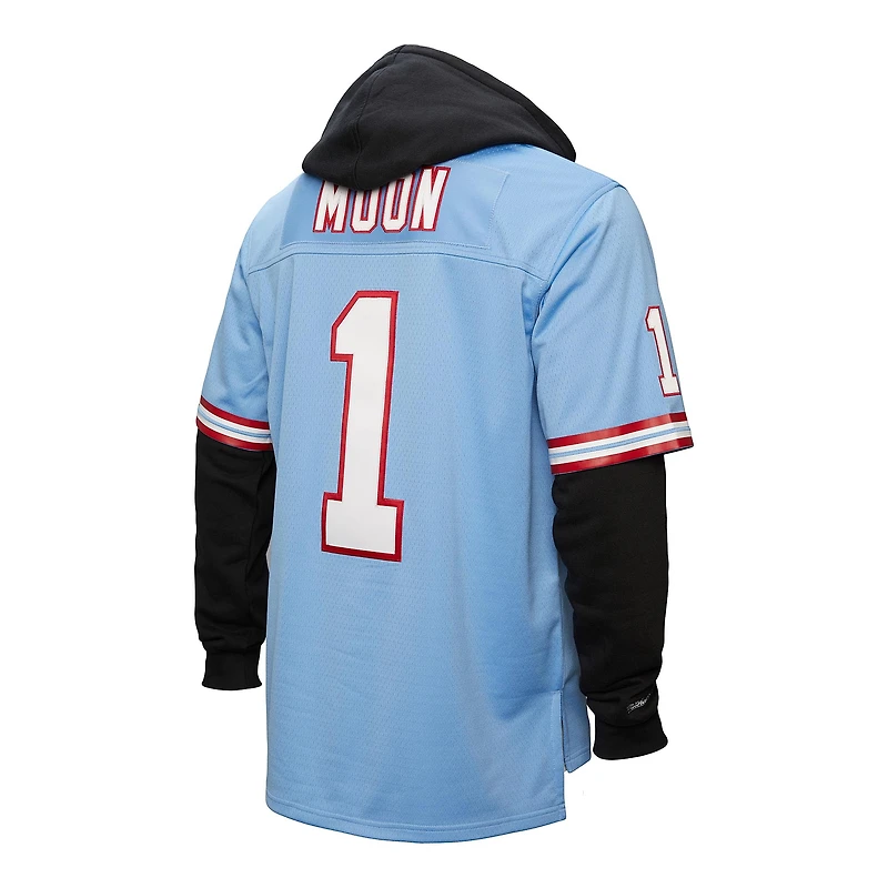 Sweat à capuche bleu clair pour homme Mitchell & Ness Warren Moon des Oilers de Houston avec nom et numéro joueur Legacy Jersey