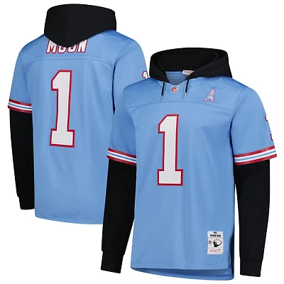 Sweat à capuche bleu clair pour homme Mitchell & Ness Warren Moon des Oilers de Houston avec nom et numéro joueur Legacy Jersey