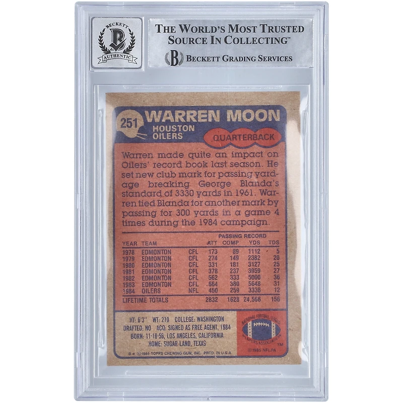 Warren Moon Houston Oilers Carte 10 authentifiée autographiée Topps #251 BAS 1985 avec inscription « HOF 06 »