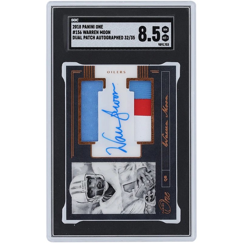 Warren Moon Houston Oilers Autographed 2018 Panini One Dual Tri-Color Relic Patch #156 #32/35 SGC Authenticated 8.5 Card