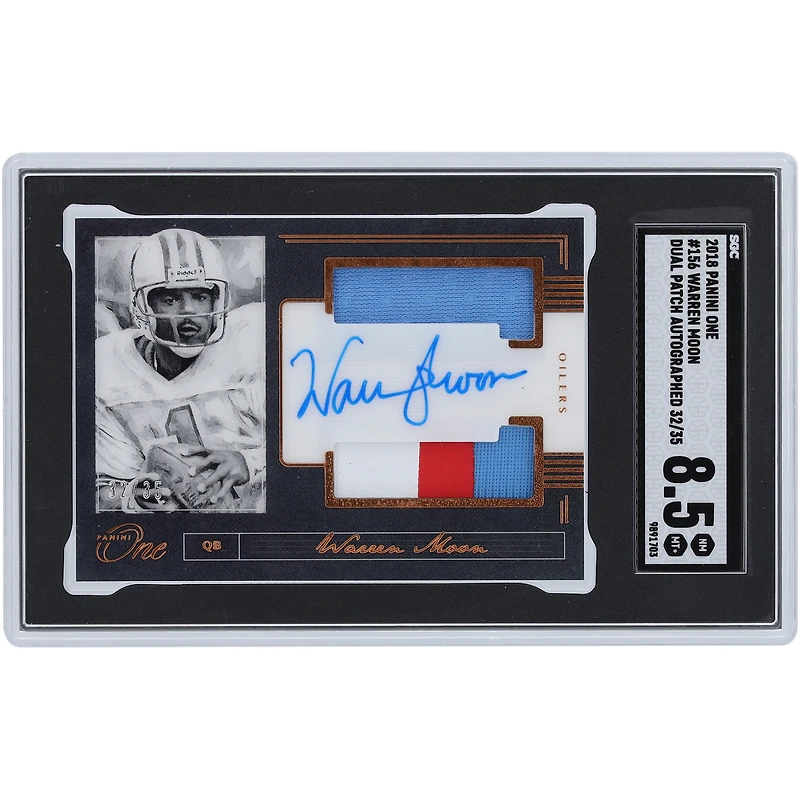 Warren Moon Houston Oilers Autographed 2018 Panini One Dual Tri-Color Relic Patch #156 #32/35 SGC Authenticated 8.5 Card 