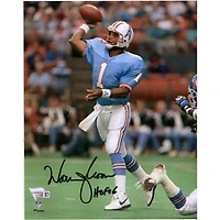 Warren Moon Houston Oilers Dédicacé 8" x 10" Photographie de lancer de maillot bleu clair avec inscription "HOF 06"