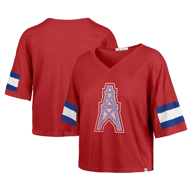 Women's '47 Red Houston Oilers Gridiron Classics Double Header Scout Cropped V-Neck T-Shirt