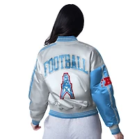 Veste courte en satin à boutons-pression pour femme Starter Houston Oilers Gridiron Classics Zone Blitz bleu clair/or