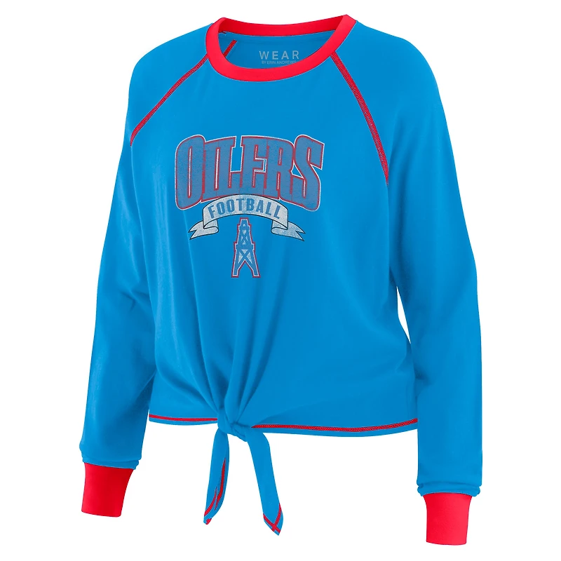 Haut à manches longues bleu clair/rouge Houston Oilers nouer sur le devant pour femme WEAR by Erin Andrews