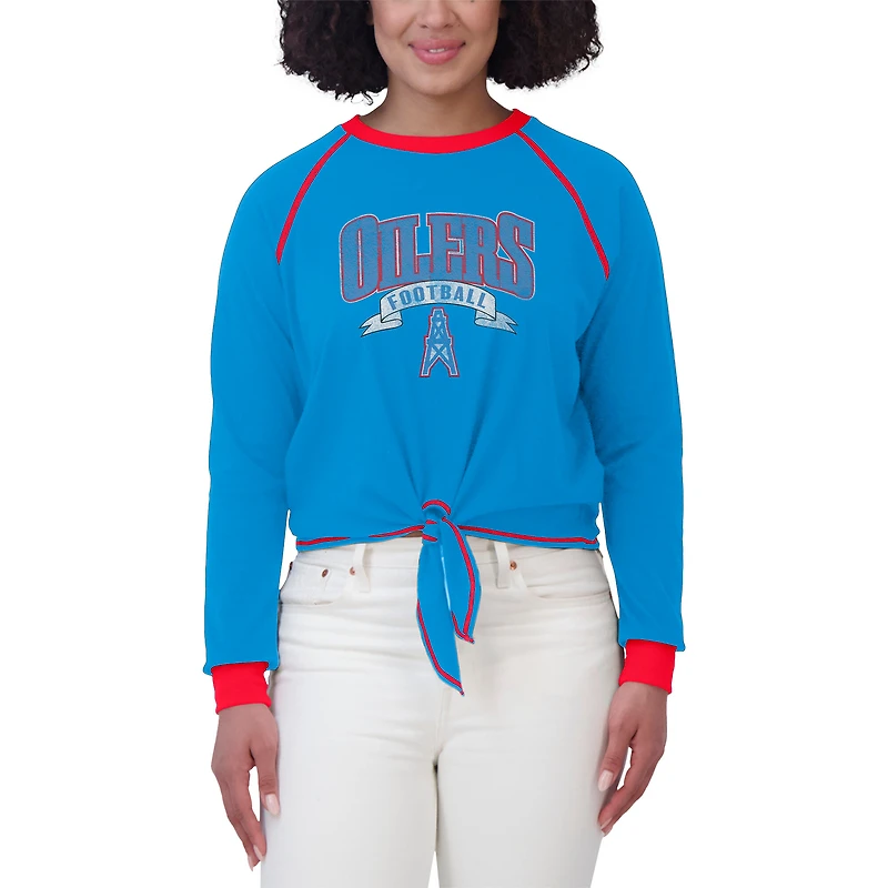 Women's WEAR by Erin Andrews Light Blue/Red Houston Oilers Tie-Front Long Sleeve Top