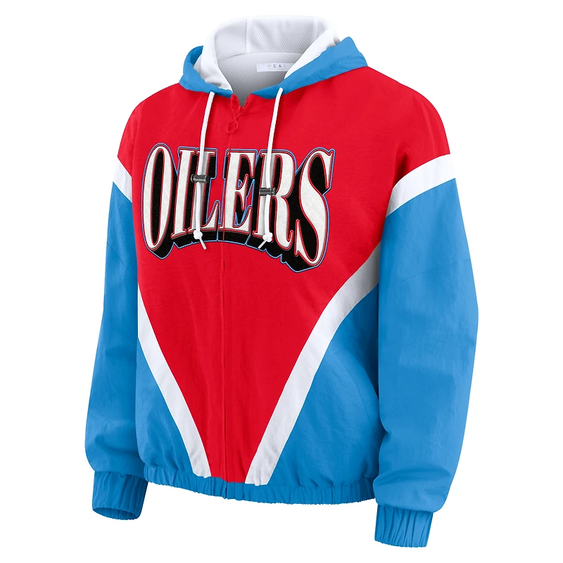 Coupe-vent à capuche entièrement zippé et froissé rétro rouge/bleu clair des Titans du Tennessee pour femmes par Erin Andrews